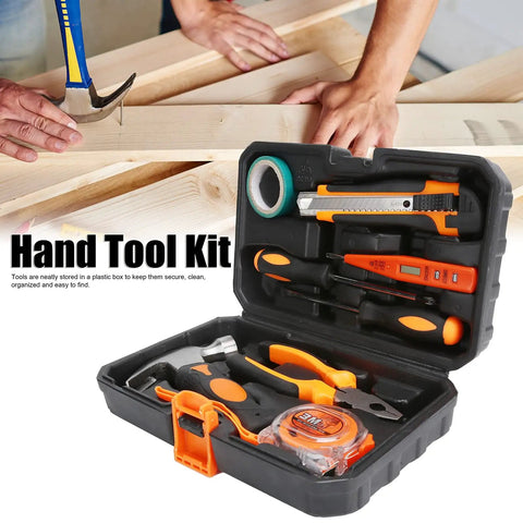 9 Piece Home Repair Tool Kit with screwdrivers, pliers, hammer, utility knife, digital electric pen, ruler, electrical tape, storage box