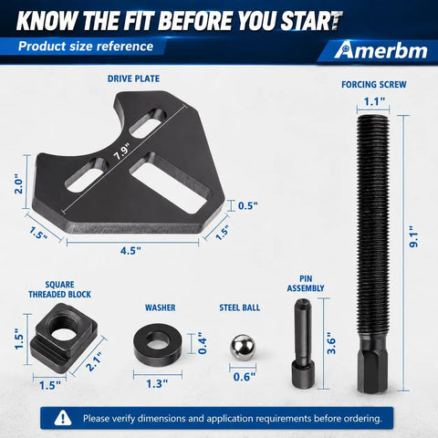 Built Tough Wheel Hub Puller Kit size reference showing drive plate and components for 5 6 and 8 lug cars trucks.