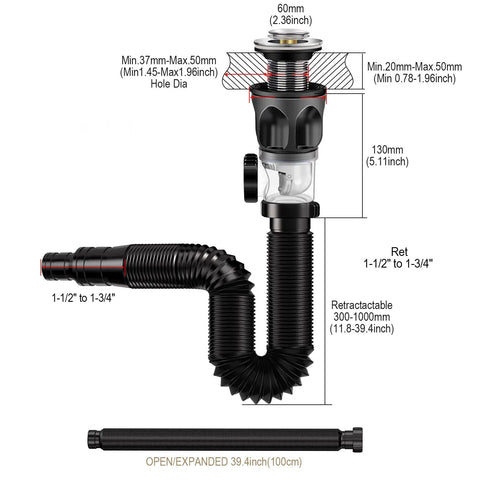 Diagram of Upgraded Bathroom Sink Drain Kit With Flexible Expandable P Trap, Pop Up Stopper, Anti Clog Built In, Easy Install.