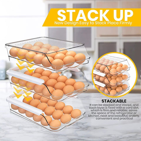 Stacked rolling egg trays with lid for fridge, showing eggs organized in clear dispenser, part of a 3 pack transparent holder.
