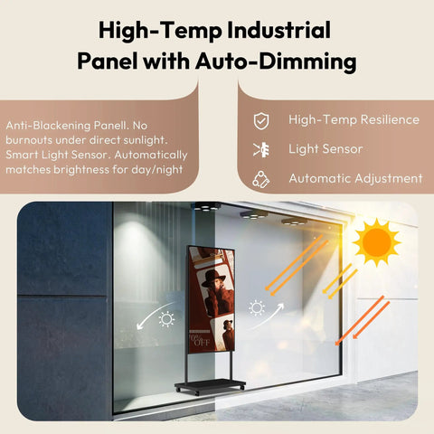 65 Inch Floor Standing Digital Signage 4K UHD Display Android 14 showcasing high-temp panel with auto-dimming feature.