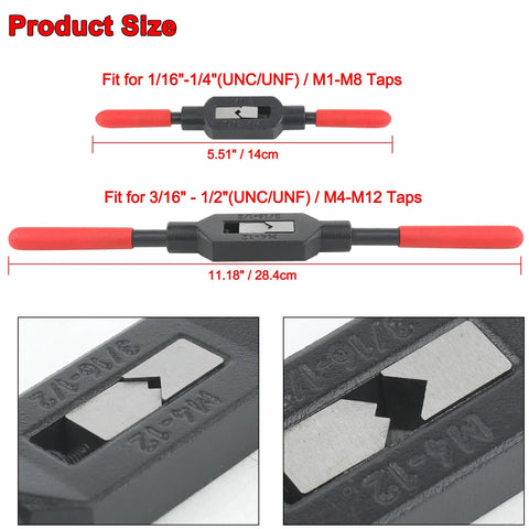 2 Piece Adjustable Tap Wrench Set With Non Slip Handles For Metric And SAE Taps, dimensions 5.51" and 11.18", red handles
