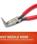 6 Inch Curved Needle Nose Pliers With Cushion Grip, polished tip, ideal for tight corners, red handle, solid joint, alloy tool steel