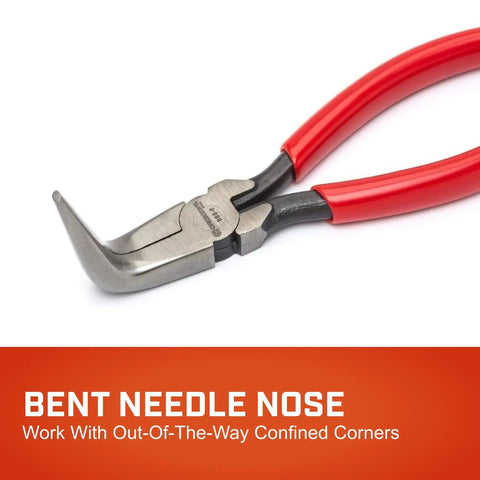 6 Inch Curved Needle Nose Pliers With Cushion Grip, polished tip, ideal for tight corners, red handle, solid joint, alloy tool steel