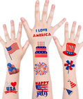 Hands showcasing 4th Of July Women Outfit Set With 120 PCS USA Flag Temporary Tattoos Featuring Fireworks, Statue of Liberty.