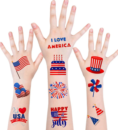 Hands showcasing 4th Of July Women Outfit Set With 120 PCS USA Flag Temporary Tattoos Featuring Fireworks, Statue of Liberty.