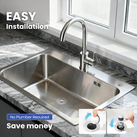 Solid Brass Universal Bathroom Sink Stopper With Pop Up Drain Strainer And Removable Filter Basket Hair Catcher installed in modern stainless steel sink.