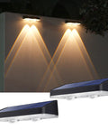 Heavy Duty Solar Wall Lights Outdoor Waterproof For Fence Or Mailbox Or Address Sign Offering Three Light Modes With Warm Daylight And Cool White Colors Using Wide Angle Focus Lens Delivering Kickass Yard Illumination, showing two lights mounted on a wall.