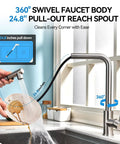 KOOTTI Tall Stainless Steel Kitchen Faucet with Pull Out Sprayer, 360° Swivel Sink Faucet demonstrating 24.8" pull-out reach spout.