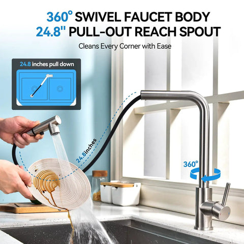 KOOTTI Tall Stainless Steel Kitchen Faucet with Pull Out Sprayer, 360° Swivel Sink Faucet demonstrating 24.8" pull-out reach spout.