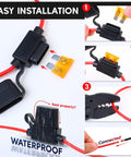Pack of 5 Heavy Duty Inline Fuse Holders with 16AWG Copper Wire and Waterproof Caps for Auto Marine RV and Solar Projects Includes 35 Assorted Blade Fuses for Wicked Reliable Power Solution, showcasing easy installation steps.
