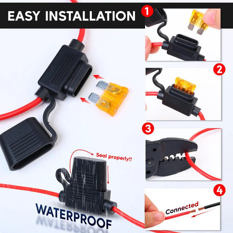 Pack of 5 Heavy Duty Inline Fuse Holders with 16AWG Copper Wire and Waterproof Caps for Auto Marine RV and Solar Projects Includes 35 Assorted Blade Fuses for Wicked Reliable Power Solution, showcasing easy installation steps.