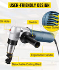 Heavy Duty 625w Electric Metal Nibbler Corded Shears showing user-friendly design with detachable cutting blade and ergonomic handle.
