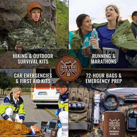 Collage showing Worlds Toughest Emergency Blankets 4 Pack HeatFlex Extra Thick Thermal Mylar Space Blanket in various emergency uses.