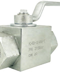 Angled front view of Autovo hydraulic ball valve, 3/4 in NPT, metal body with lever handle
