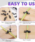 Four-step guide using All In One 120Pcs Two Hole U Bracket Clamp Kit With Self Tapping Screws for securing cables on wood.