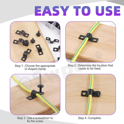 Four-step guide using All In One 120Pcs Two Hole U Bracket Clamp Kit With Self Tapping Screws for securing cables on wood.