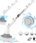 Cordless Electric Spin Scrubber with dual speed settings, extendable arm, and four replaceable heads shown with water splashes.