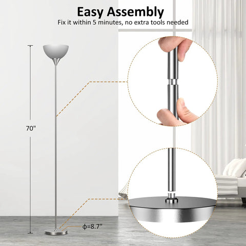 Torchiere Floor Lamp With Remote Control And 4 Color Temperatures, brushed nickel with dimensions and easy assembly details.