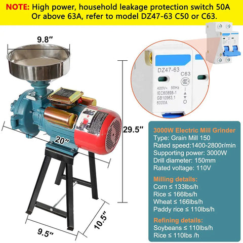 Beast 3000W Electric Dry Grain Mill Grinder, 110V Workhorse With 150mm Disc, dimensions and features displayed