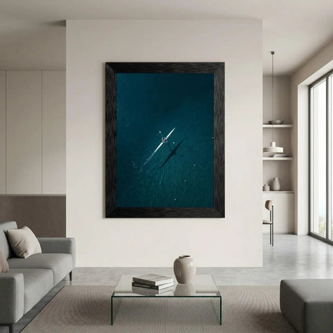 Framed Canvas Wall Art Aerial Rowing Scull In Deep Teal And Navy Ocean Hues With Floating Illusion Modern Black Frame Coastal Nautical Decor