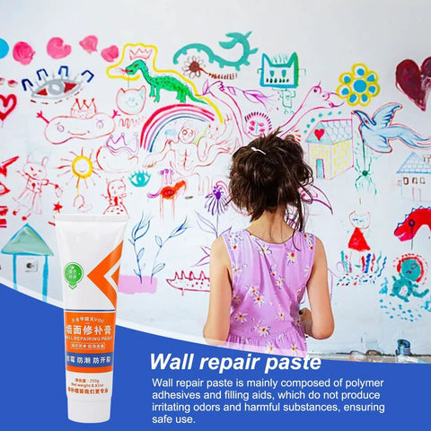Girl in front of colorful wall art, tube of Quick Drying Wall Repair Paste For Holes And Cracks Fill Drywall Fast in foreground.