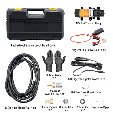 All In One Portable 12V Fuel Transfer Pump Kit Delivering 90 GPH, 80W Copper Motor, Includes Carrying Case, Hose And Filter