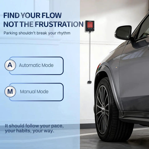Side view of car approaching an Adjustable Garage Parking Sensor With Tri Color LED Distance Indicator Ultrasonic Detection And Auto And Manual Modes For Safe Indoor Parking Plus No Sweat Hands Free Guidance In Tight Spaces.
