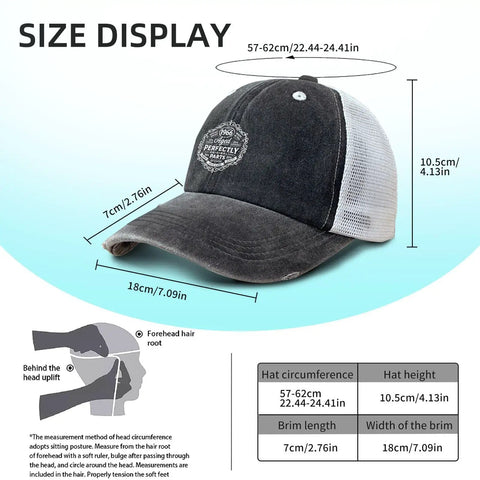 Size display of All Day Comfort Unisex Adjustable Trucker Cap With Breathable Mesh, featuring cap dimensions and mesh details.