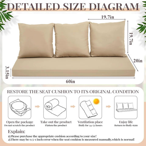 Four Pack Porch Swing Cushions With Pillows For 3 Seater Patio Benches, Waterproof Outdoor Cushions, size diagram