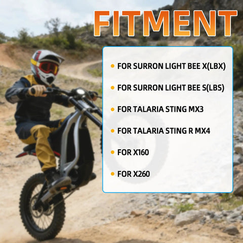 Rider on electric dirt bike with fitment details for Surron Light Bee X LBX S LBS Talaria Sting MX3 R MX4 X160 X260
