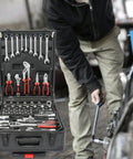 Top Shelf 899 Piece Rolling Toolbox Set With Four Deep Compartments For Tough Home Repairs Garage Mods Diy Fixes And Everyday Handyman Grindin In Sleek Black Finishing with wrenches and tools visible.
