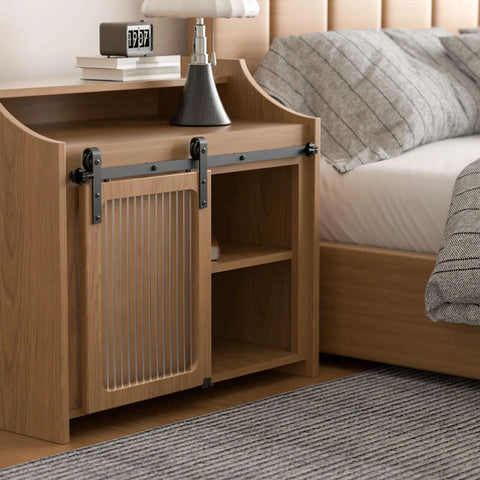 Sliding Barn Door Hardware Kit For Closet And Cabinet, 3 Foot Mini Track System With 36 Inch Track, Carbon Steel Frosted Black Finish shown on bedside cabinet