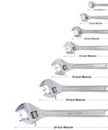 Various sizes of adjustable wrenches, including 18 Inch Adjustable Wrench Heavy Duty Drop Forged Steel Chrome Plated With Precision Machined Jaws Rust Resistant