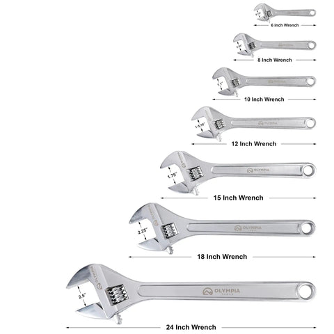 Various sizes of adjustable wrenches, including 18 Inch Adjustable Wrench Heavy Duty Drop Forged Steel Chrome Plated With Precision Machined Jaws Rust Resistant