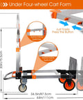 3 In 1 Folding Hand Truck Dolly Cart with Wheels, side view in cart form, retractable switches, aluminum frame
