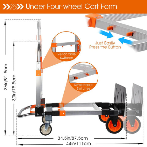 3 In 1 Folding Hand Truck Dolly Cart with Wheels, side view in cart form, retractable switches, aluminum frame