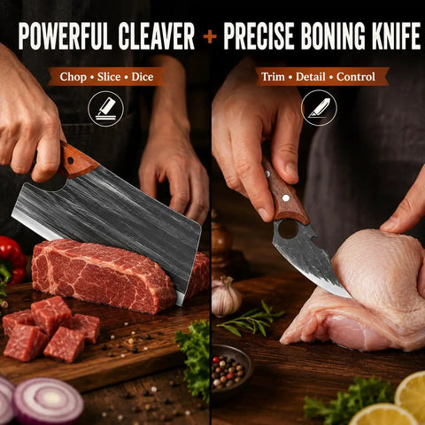 Hand Forged Cleaver And Boning Knife Set With Ergonomic Handles chopping meat and trimming chicken, ideal for home cooks and camping