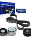 Serpentine Drive Belt Kit For 3.6L Jeep Grand Cherokee 2016-2022, Grand Cherokee L 2021-2022, WK 2022 And Dodge Durango 2016-2021, All-In-One Belt Tensioner And Idler Pulley Included, Fits 2016-2022 V6 SUVs shown in packaging with components