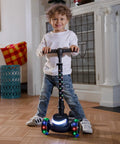 Three Wheel Light Up Kick Scooter For Kids Super Stable Design With Adjustable Handlebar LED Lights On Stem And Wheels No Tool Foldable Design Rear Foot Brake Beginner Friendly Red, child riding indoors