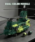 Motorized RC Helicopter Building Set For Adults And Teens 1826 Piece Army Aircraft Kit on dark surface with rotors and dual-color missile