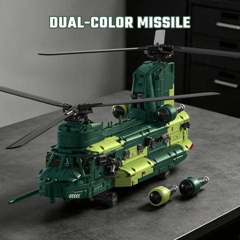 Motorized RC Helicopter Building Set For Adults And Teens 1826 Piece Army Aircraft Kit on dark surface with rotors and dual-color missile