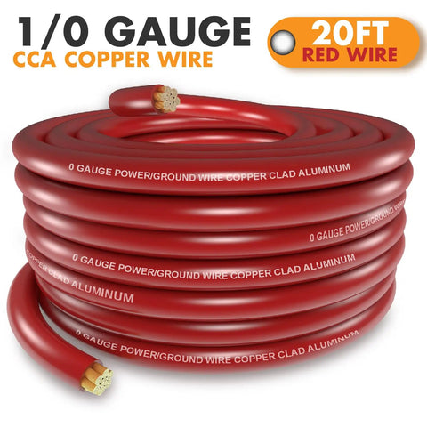 1/0 Gauge CCA Copper Clad Aluminum Power Ground Wire 20ft Red For Car Amplifiers Big 3 Upgrade Battery Cable With Lug Terminals And 3:1 Heat Shrink Tubing Durable Auto Electrical Cable, coiled red wire