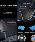 Go To Folding Camping Shovel Multi Tool With High Carbon Steel Build Pickaxe Hammer Hoe Bottle Opener Ruler Nail Lifter Wrench Whistle Fire Starter showcasing features and accessories