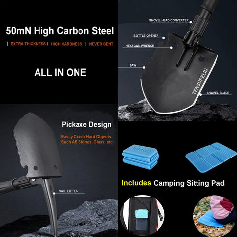 Go To Folding Camping Shovel Multi Tool With High Carbon Steel Build Pickaxe Hammer Hoe Bottle Opener Ruler Nail Lifter Wrench Whistle Fire Starter showcasing features and accessories