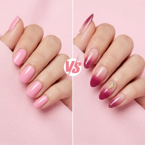 Comparing manicures using 500 Piece Mini Nail Sponges Kit With Pickup Tool And Storage Box for ombre and solid nail art designs.