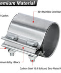 Close-up of Beefy 2.75 Inch Exhaust Clamp Butt Joint Band Clamp Sleeve Coupler in 304 Stainless Steel showing materials and components.