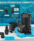 One Third Horsepower Submersible Pool Pump with 3035 GPH flow, 25 ft cord, check valve for water removal, shown with adapters.