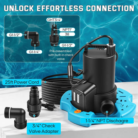 One Third Horsepower Submersible Pool Pump with 3035 GPH flow, 25 ft cord, check valve for water removal, shown with adapters.