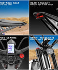 X2Pro Electric Dirt Bike For Adults with focus on seat, taillight, 7-speed gearing, and bright headlights on rugged terrain